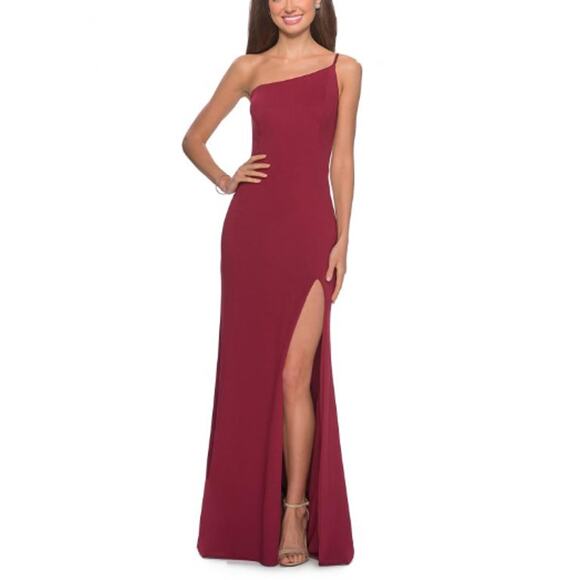 NEW LA FEMME Burgundy 28176 One Shoulder Jersey Gown Prom Dress Size 10 - Picture 1 of 7